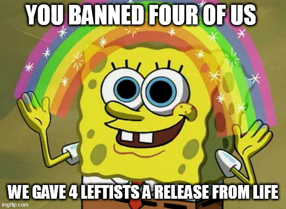 Imagination Spongebob | YOU BANNED FOUR OF US; WE GAVE 4 LEFTISTS A RELEASE FROM LIFE | image tagged in memes,imagination spongebob | made w/ Imgflip meme maker