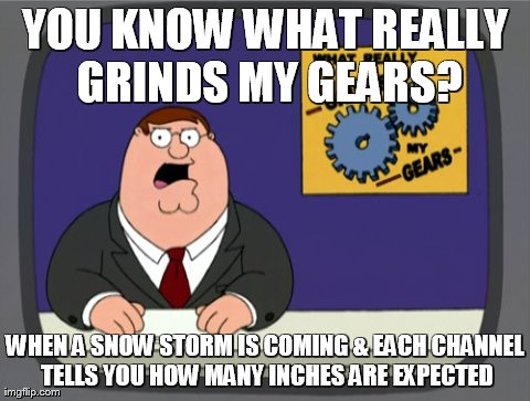 Peter Griffin News Meme | YOU KNOW WHAT REALLY GRINDS MY GEARS? WHEN A SNOW STORM IS COMING & EACH CHANNEL TELLS YOU HOW MANY INCHES ARE EXPECTED | image tagged in memes,peter griffin news | made w/ Imgflip meme maker