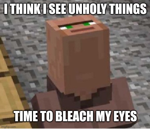 Minecraft Villager Looking Up | I THINK I SEE UNHOLY THINGS; TIME TO BLEACH MY EYES | image tagged in minecraft villager looking up | made w/ Imgflip meme maker