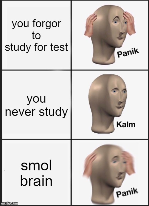 Panik Kalm Panik | you forgor to study for test; you never study; smol brain | image tagged in memes,panik kalm panik | made w/ Imgflip meme maker