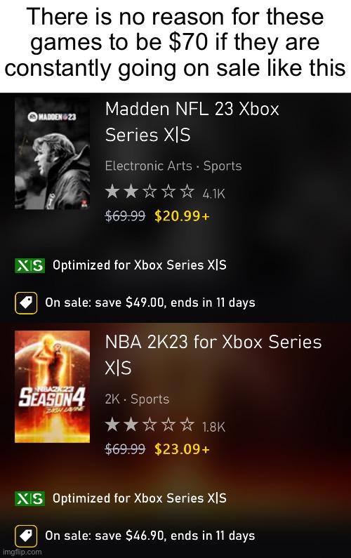 There is no reason for these
games to be $70 if they are
constantly going on sale like this | made w/ Imgflip meme maker