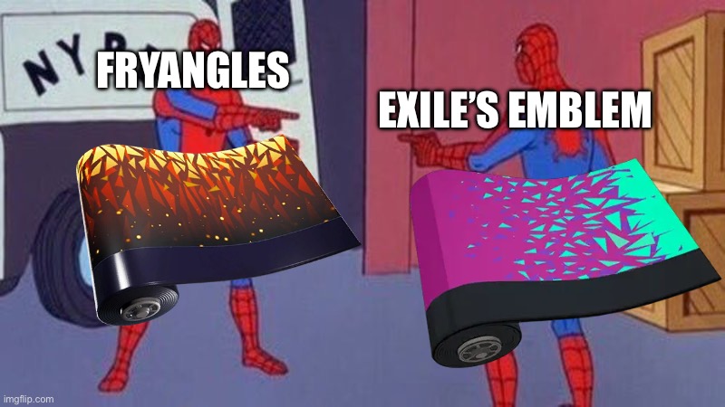The only difference is the color and the reaction when firing | FRYANGLES; EXILE’S EMBLEM | image tagged in spiderman pointing at spiderman,hmmmm,fortnite,why are you reading this,why are you reading the tags,amogus | made w/ Imgflip meme maker