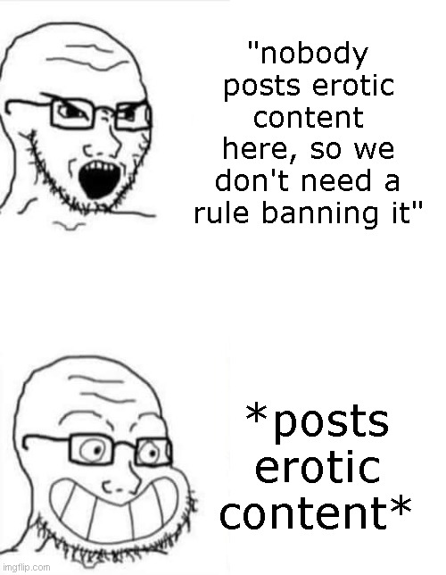 join Christian Theocracy Party to protect women's dignity | "nobody posts erotic content here, so we don't need a rule banning it"; *posts erotic content* | image tagged in angry happy | made w/ Imgflip meme maker
