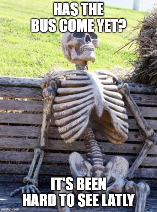 Waiting Skeleton | HAS THE BUS COME YET? IT'S BEEN HARD TO SEE LATLY | image tagged in memes,waiting skeleton | made w/ Imgflip meme maker