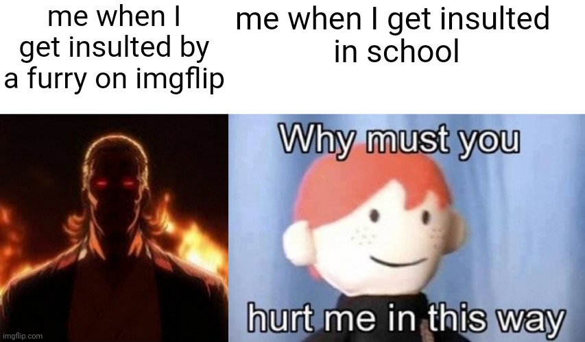 me when I get insulted by a furry on imgflip; me when I get insulted 
in school | made w/ Imgflip meme maker