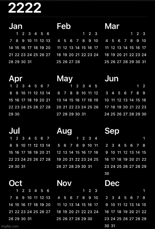 2222 calendar (BTW my calendar’s weeks start on Monday) | made w/ Imgflip meme maker