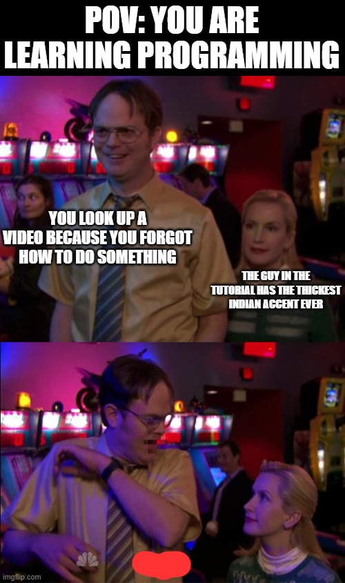 what is int | POV: YOU ARE LEARNING PROGRAMMING; YOU LOOK UP A VIDEO BECAUSE YOU FORGOT HOW TO DO SOMETHING; THE GUY IN THE TUTORIAL HAS THE THICKEST INDIAN ACCENT EVER | image tagged in angela scared dwight | made w/ Imgflip meme maker
