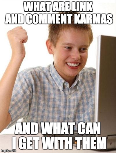 First Day On The Internet Kid | WHAT ARE LINK AND COMMENT KARMAS AND WHAT CAN I GET WITH THEM | image tagged in memes,first day on the internet kid,AdviceAnimals | made w/ Imgflip meme maker