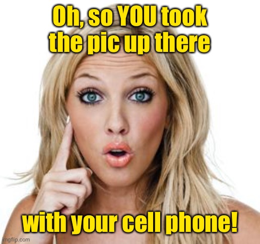 Dumb blonde | Oh, so YOU took the pic up there with your cell phone! | image tagged in dumb blonde | made w/ Imgflip meme maker