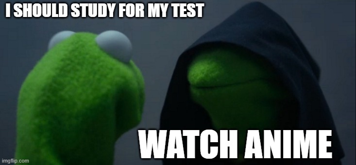 Evil Kermit | I SHOULD STUDY FOR MY TEST; WATCH ANIME | image tagged in memes,evil kermit,funny | made w/ Imgflip meme maker