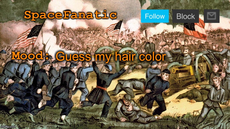 SpaceFanatic’s Civil War Announcement Template | Guess my hair color | image tagged in spacefanatic s civil war announcement template | made w/ Imgflip meme maker