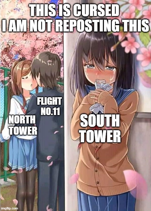 Anime crush | NORTH 
TOWER SOUTH TOWER THIS IS CURSED 
I AM NOT REPOSTING THIS FLIGHT 
NO.11 | image tagged in anime crush | made w/ Imgflip meme maker