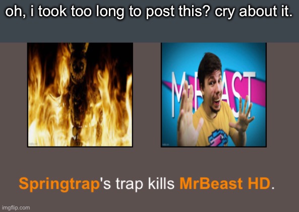 oh, i took too long to post this? cry about it. | made w/ Imgflip meme maker