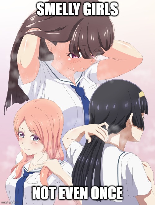 some people need to regulate hygiene smh | SMELLY GIRLS; NOT EVEN ONCE | image tagged in anime girl steam sabasabasas,hair,necktie,schoolgirl | made w/ Imgflip meme maker