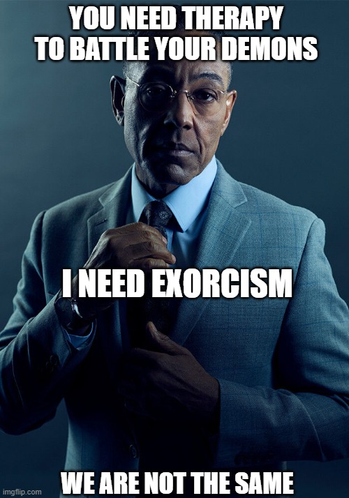 We are not the same | YOU NEED THERAPY TO BATTLE YOUR DEMONS; I NEED EXORCISM; WE ARE NOT THE SAME | image tagged in gus fring we are not the same | made w/ Imgflip meme maker