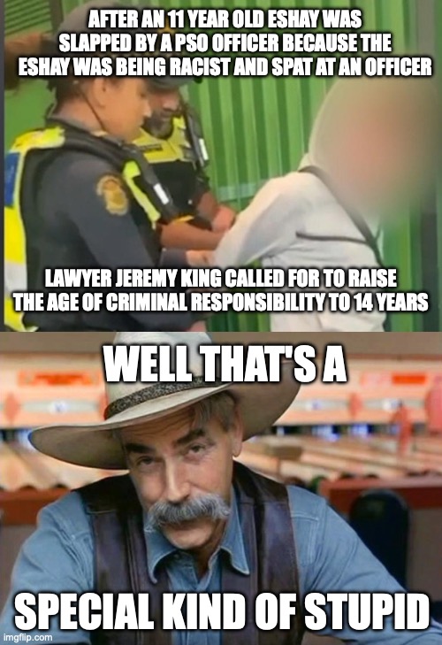 Raising the minimum criminal responsibility age to 14 would increase crime that can be gotten away with | AFTER AN 11 YEAR OLD ESHAY WAS SLAPPED BY A PSO OFFICER BECAUSE THE ESHAY WAS BEING RACIST AND SPAT AT AN OFFICER; LAWYER JEREMY KING CALLED FOR TO RAISE THE AGE OF CRIMINAL RESPONSIBILITY TO 14 YEARS; WELL THAT'S A; SPECIAL KIND OF STUPID | image tagged in sam elliott special kind of stupid,crime,age of criminal responsibility,pso officer,eshay | made w/ Imgflip meme maker