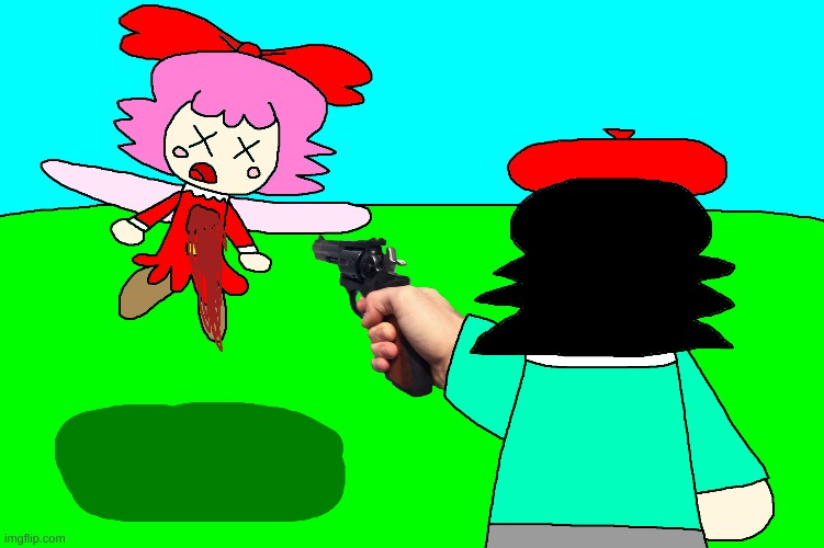 Adeleine is about to shoot Ribbon | image tagged in kirby,gore,blood,funny,cute,fanart | made w/ Imgflip meme maker