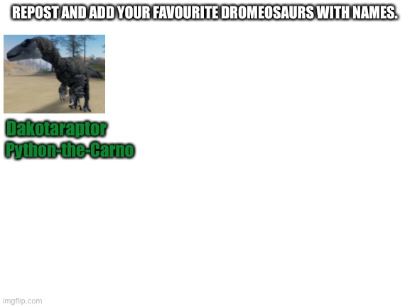 Dromesaurs | REPOST AND ADD YOUR FAVOURITE DROMEOSAURS WITH NAMES. Dakotaraptor; Python-the-Carno | image tagged in blank white template,dinosaurs,dromeosaurs,repost | made w/ Imgflip meme maker