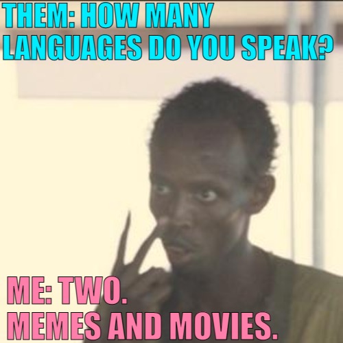 Bilingual | THEM: HOW MANY LANGUAGES DO YOU SPEAK? ME: TWO. MEMES AND MOVIES. | image tagged in memes,look at me,funny,movies,language,lol | made w/ Imgflip meme maker