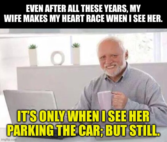 Marriage | EVEN AFTER ALL THESE YEARS, MY WIFE MAKES MY HEART RACE WHEN I SEE HER. IT’S ONLY WHEN I SEE HER PARKING THE CAR; BUT STILL. | image tagged in harold | made w/ Imgflip meme maker