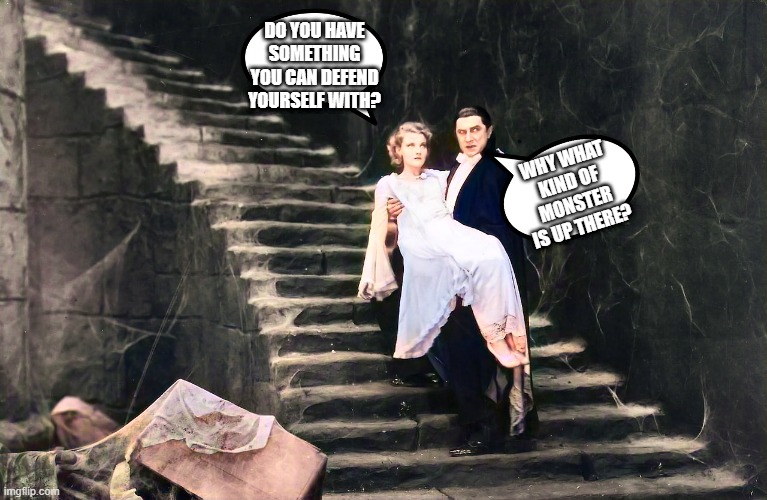 Dracula girl stairs | DO YOU HAVE SOMETHING YOU CAN DEFEND YOURSELF WITH? WHY WHAT KIND OF MONSTER IS UP THERE? | image tagged in dracula girl stairs,monster,self defense | made w/ Imgflip meme maker