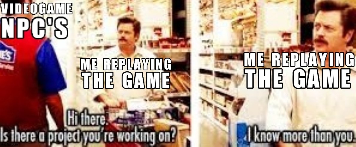 NPC "Hi...". Me "I replayed this game I know WTF I'm doing ok!" | image tagged in ron swanson,videogame,meme | made w/ Imgflip meme maker