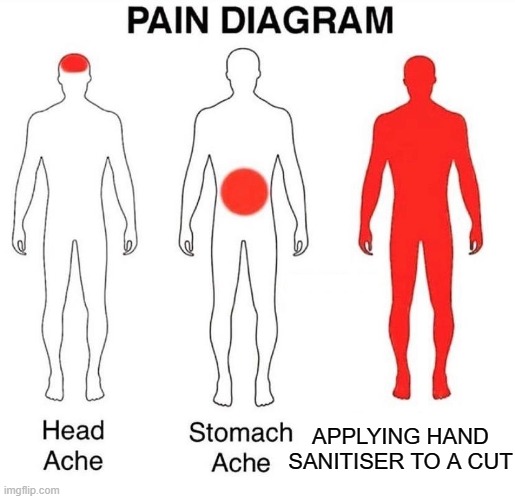 Pain Diagram | APPLYING HAND SANITISER TO A CUT | image tagged in pain diagram | made w/ Imgflip meme maker