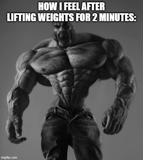 GigaChad | HOW I FEEL AFTER LIFTING WEIGHTS FOR 2 MINUTES: | image tagged in gigachad | made w/ Imgflip meme maker