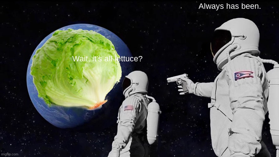 L E T T U C E | Always has been. Wait, it's all lettuce? | image tagged in memes,always has been | made w/ Imgflip meme maker