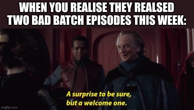i haven't finished them yet. | WHEN YOU REALIZE THEY RELEASED TWO BAD BATCH EPISODES THIS WEEK: | image tagged in a surprise to be sure,star wars | made w/ Imgflip meme maker