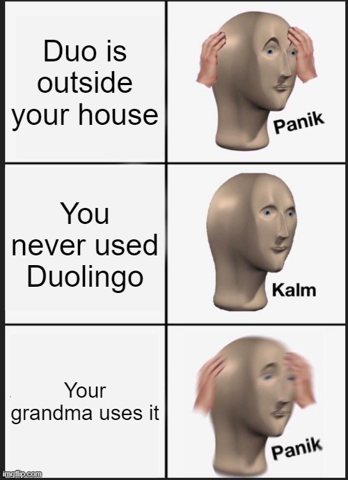 DUO | Duo is outside your house; You never used Duolingo; Your grandma uses it | image tagged in memes,panik kalm panik | made w/ Imgflip meme maker