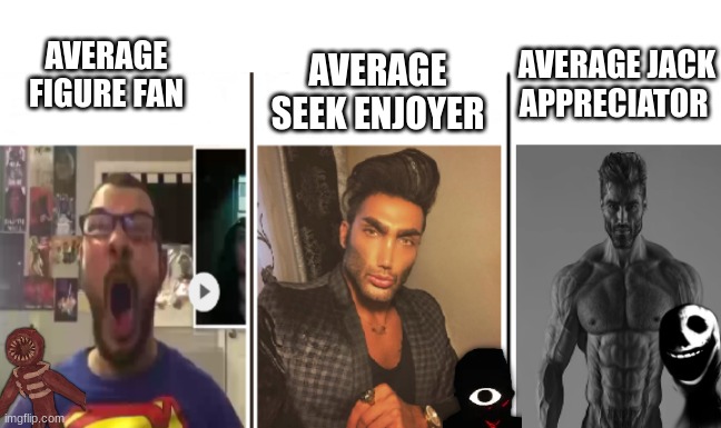 Nerd vs Chad vs Giga Chad | AVERAGE FIGURE FAN; AVERAGE JACK APPRECIATOR; AVERAGE SEEK ENJOYER | image tagged in nerd vs chad vs giga chad | made w/ Imgflip meme maker