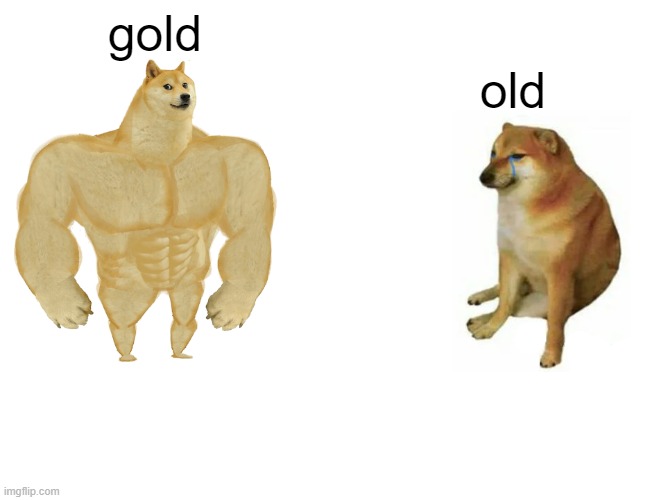 Buff Doge vs. Cheems Meme | gold; old | image tagged in memes,buff doge vs cheems,old,gold | made w/ Imgflip meme maker