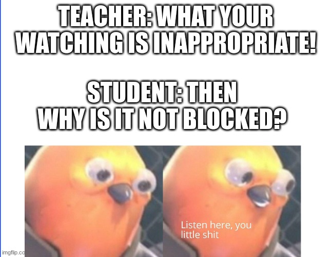 If we are watching something inappropriate then why is it not blocked? Then it might be appropriate | TEACHER: WHAT YOUR WATCHING IS INAPPROPRIATE! STUDENT: THEN WHY IS IT NOT BLOCKED? | image tagged in listen here you little shit | made w/ Imgflip meme maker
