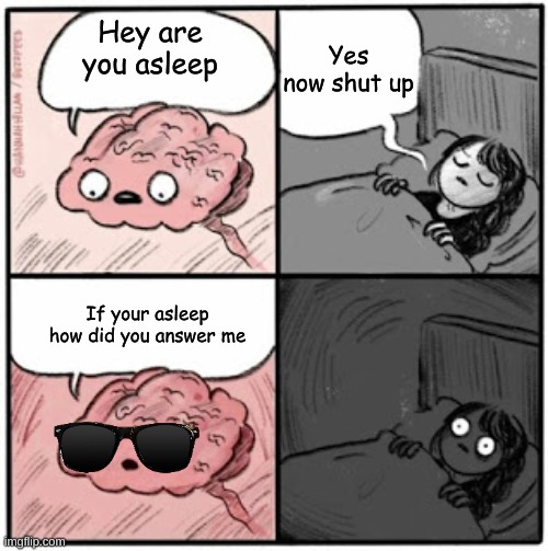 True brain | Yes now shut up; Hey are you asleep; If your asleep how did you answer me | image tagged in brain before sleep | made w/ Imgflip meme maker
