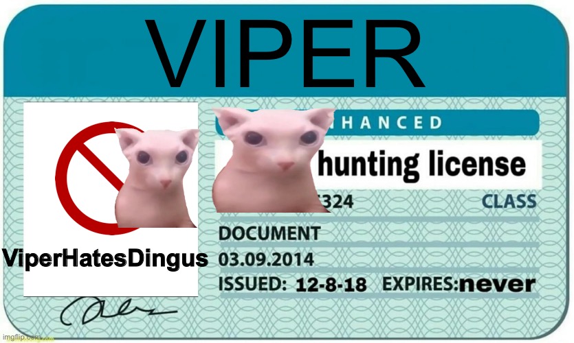 NOW I GOT ONE | VIPER; ViperHatesDingus | image tagged in dingus,hunting,license,bii,viper,juicymemesboiviper | made w/ Imgflip meme maker