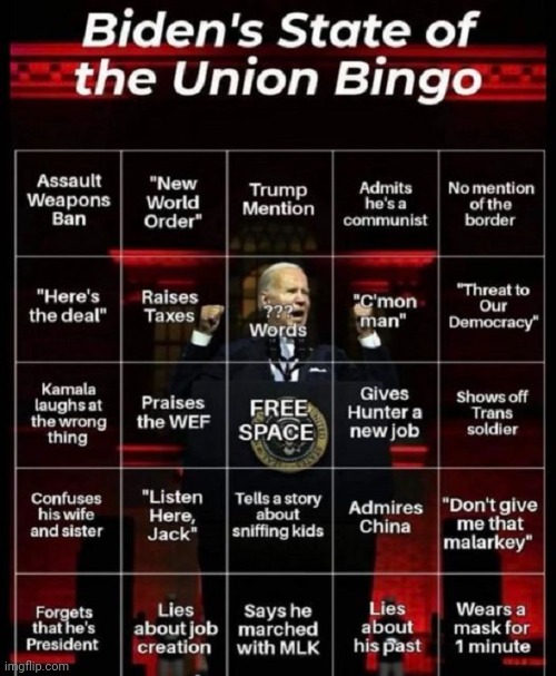 Biden's State of The Union Bingo | image tagged in biden bingo,you lose every time | made w/ Imgflip meme maker