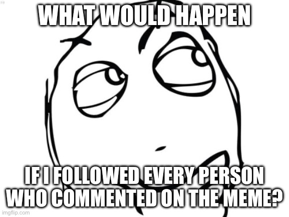 Hmmmmmmmm | WHAT WOULD HAPPEN; IF I FOLLOWED EVERY PERSON WHO COMMENTED ON THE MEME? | image tagged in memes,question rage face | made w/ Imgflip meme maker