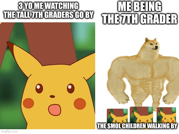 me irl | ME BEING THE 7TH GRADER; 3 YO ME WATCHING THE TALL 7TH GRADERS GO BY; THE SMOL CHILDREN WALKING BY | image tagged in surprised pikachu high quality,buff doge vs crying cheems,buff doge,relatable | made w/ Imgflip meme maker