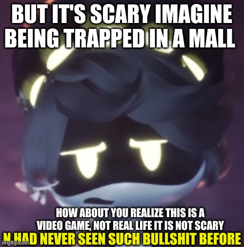 BUT IT'S SCARY IMAGINE BEING TRAPPED IN A MALL HOW ABOUT YOU REALIZE THIS IS A VIDEO GAME, NOT REAL LIFE IT IS NOT SCARY | image tagged in n had never seen such bullshit before | made w/ Imgflip meme maker
