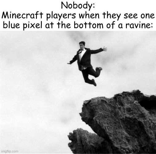 Minecraft meme | Nobody:
Minecraft players when they see one
blue pixel at the bottom of a ravine: | image tagged in man jumping off a cliff | made w/ Imgflip meme maker