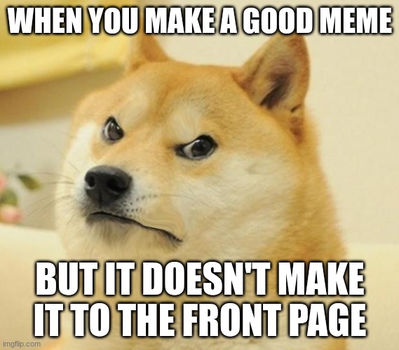 100% relatable | WHEN YOU MAKE A GOOD MEME; BUT IT DOESN'T MAKE IT TO THE FRONT PAGE | image tagged in mad doge | made w/ Imgflip meme maker