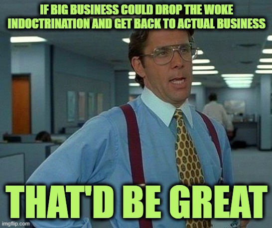 The Future is Neutrality | IF BIG BUSINESS COULD DROP THE WOKE INDOCTRINATION AND GET BACK TO ACTUAL BUSINESS; THAT'D BE GREAT | image tagged in memes,that would be great | made w/ Imgflip meme maker
