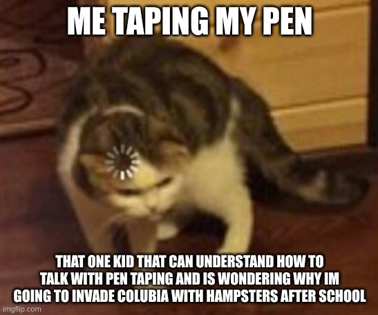 i dont know why i made this | ME TAPING MY PEN; THAT ONE KID THAT CAN UNDERSTAND HOW TO TALK WITH PEN TAPING AND IS WONDERING WHY IM GOING TO INVADE COLUBIA WITH HAMPSTERS AFTER SCHOOL | image tagged in loading cat | made w/ Imgflip meme maker