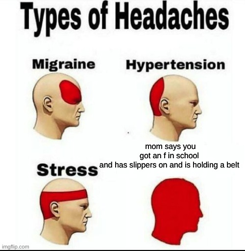 run | mom says you got an f in school and has slippers on and is holding a belt | image tagged in types of headaches meme | made w/ Imgflip meme maker