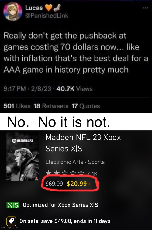Heck $60 was a better deal and you’re still glad it’s $70 | No.  No it is not. | made w/ Imgflip meme maker