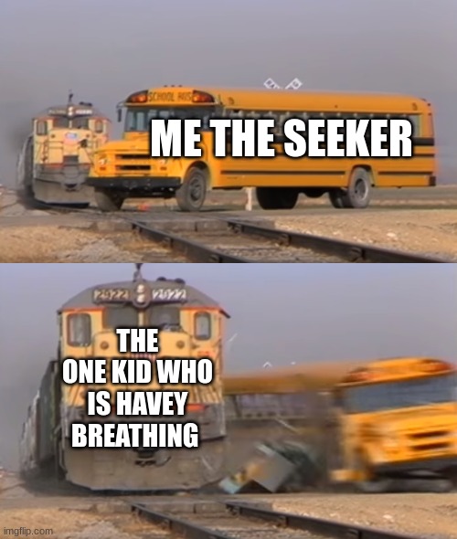 A train hitting a school bus | ME THE SEEKER; THE ONE KID WHO IS HAVEY BREATHING | image tagged in a train hitting a school bus | made w/ Imgflip meme maker