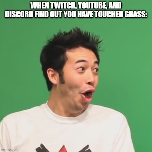 dyt got problems | WHEN TWITCH, YOUTUBE, AND DISCORD FIND OUT YOU HAVE TOUCHED GRASS: | image tagged in pogchamp,poop,discord,youtube,twitch | made w/ Imgflip meme maker