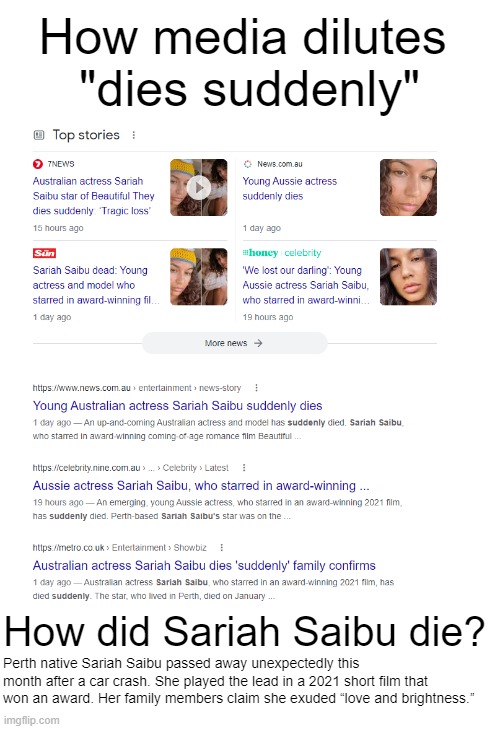 Don't worry, Charlie.  I've got an ...angle. | How media dilutes 
"dies suddenly"; How did Sariah Saibu die? Perth native Sariah Saibu passed away unexpectedly this month after a car crash. She played the lead in a 2021 short film that won an award. Her family members claim she exuded “love and brightness.” | made w/ Imgflip meme maker