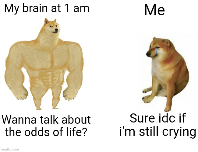 I mean it happens sometimes, I'm crying and My brain goes "do u wanna talk about the odds of life?" | My brain at 1 am; Me; Sure idc if i'm still crying; Wanna talk about the odds of life? | image tagged in memes,buff doge vs cheems | made w/ Imgflip meme maker